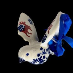 Polish Pottery Bird Holiday Christmas Ornament Prancing Reindeer Snowflakes Fir
